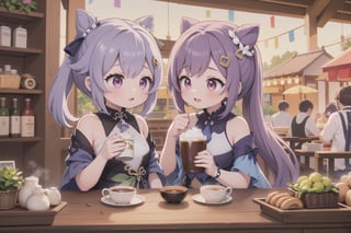 A tranquil morning in Teyvat's City market, where Keqing and Qiqi sit amidst vibrant activity. Framed by ornate stalls and exotic goods, the duo's elaborate attire appears ready to step out of the scene. Soft golden light casts a warm glow on their intricate designs, as Keqing cradles a steaming coffee cup and Qiqi holds a delicate tea set. The bustling market atmosphere, replete with colorful stalls and lively activity, provides a harmonious backdrop for this serene morning moment.