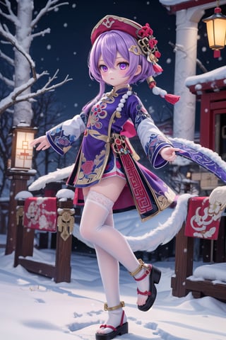 (full body of Qiqi_impact), 1girl, solo_female, in snow, purple eyes, full_body, purple headwear, hat, purple hair, hair between eyes, better hands, flat_background, chinese clothes, bandaged leg, bead necklace, coin hair ornament, dress, white thighhighs, 3d,Qiqi_impact