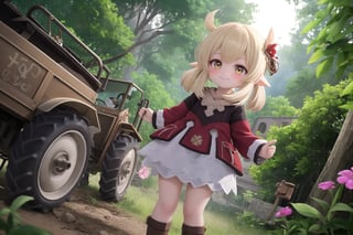 In a whimsical tableau, Klee, her mischievous smile gleaming, grasps the controls of a high-tech ultralight tractor amidst lush Teyvat foliage, its path marked by a trail of destruction. The camera's low vantage point emphasizes the vehicle's robust build and Klee's diminutive stature. Soft, golden light illuminates the juxtaposition between the industrial behemoth and Klee's tousled appearance, her scrappy spirit on full display.