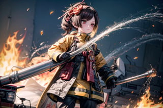 chiori, the fire chief, stands next to her fire engine in full firefighter uniform: helmet, coat, trousers and gloves. She holds a powerful fire hose in her hand as she fights the fire. The camera captures her full size, with the fire in the background, casting a warm, orange light on her determined face. show yourself to me in full firefighter uniform,