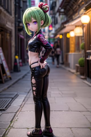 (full body view of KukiS), purple eyes, green hair, 1girl, solo_female, HDR, 32k UHD, insane detailed, 23 years old woman, blurry_background, stomach, bangs, better hands, show me your back,