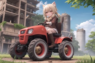 In a whimsical tableau, Klee, her mischievous smile gleaming, grasps the controls of a high-tech ultralight tractor amidst lush Teyvat foliage, its path marked by a trail of destruction. The camera's low vantage point emphasizes the vehicle's robust build and Klee's diminutive stature. Soft, golden light illuminates the juxtaposition between the industrial behemoth and Klee's tousled appearance, her scrappy spirit on full display.