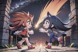 In a vivid, 32K UHD image, against Looney's sun-ornaged sky, Monadef and Sonic the Hedgehog stand together, dark silhouettes contrasting with the warm glow. Sonic's blue spikes and red shoes gleam on weathered stone, exuding kinetic energy. The scene appears ready to spring into action, as if characters might leap from the frame.