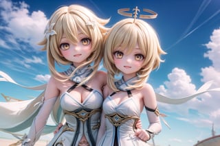 A majestic shot of Lumine and Paimon standing together on a cloud-soft precipice within the breathtaking Celestia, set against a vibrant blue sky of Genshin Impact. The duo's whimsical poses and smiling faces radiate warmth as they gaze out at the endless expanse of clouds, with the sun casting a gentle glow upon their joyful moment.