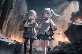In this masterpiece of a scene, the camera descends upon FaruzanRnD and Yaoyaodef as they venture forth into the Sumeru Cave's foreboding darkness. The shot frames the duo's resolute strides amidst a veil of misty fog, with flickering torches casting an otherworldly glow on ancient stone walls. The lighting is dim, yet eerily realistic, accentuating the sense of danger lurking beneath the surface. As they explore the huge cave, treasures, hidden inhabitants, and dangers await them in the shadows. In this ultra-realistic, high-resolution, 32k UHD scene, every detail shines with precision: from the intricate stonework to the duo's determined expressions. The background is a complex tapestry of ancient history, with depth of field that draws the viewer into the mystery.