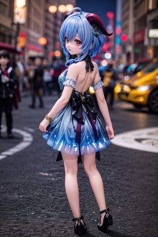 1girl, solo_female, full body view of Ganyu_Impact, horns, blue hair, bell, outdoors, show me your beautiful alternate costume, blurry_background, HDR, 32k UHD, insane detailed, bright blue dress, ahoge, show me your back,