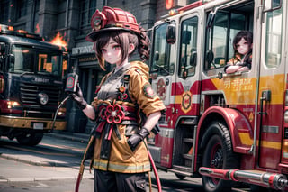 chiori, the fire chief, stands next to her fire engine in full firefighter uniform: helmet, coat, trousers and gloves. In her right hand she holds a fire hose, the camera captures her in full size, with the fire truck in the background, casting a warm light on her determined face. show yourself to me in full firefighter uniform