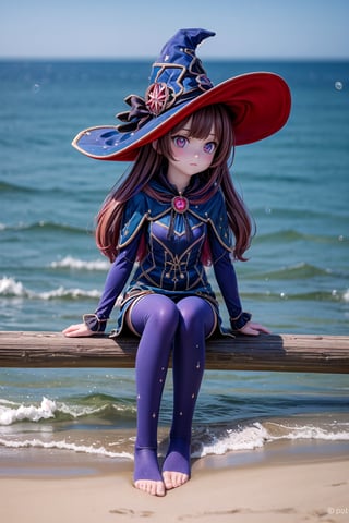 Mona_Impact, full_body, 25 years old girl, blurry_background, witch hat, sitting on beach