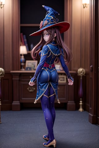 Mona_Impact, full_body, 25 years old girl, blurry_background, show me your back, witch hat,