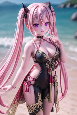 full_body of KukiS, 1girl, solo_female, 23 years old girl, blurry_background, Kuki Style, very long hair, red eyes, purple eyes, multicolor_eyes, no ornament, pink hair, red hair, multicolor_hair, low-tied long hair, twintails, medium breasts, hair between eyes, insane detailed, flirting with camera, (masterpiece), best quality, HDR, 32k UHD, on beach,