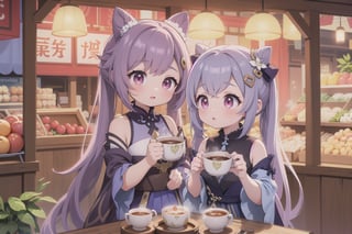 A tranquil morning in Teyvat's City market, where Keqing and Qiqi sit amidst vibrant activity. Framed by ornate stalls and exotic goods, the duo's elaborate attire appears ready to step out of the scene. Soft golden light casts a warm glow on their intricate designs, as Keqing cradles a steaming coffee cup and Qiqi holds a delicate tea set. The bustling market atmosphere, replete with colorful stalls and lively activity, provides a harmonious backdrop for this serene morning moment.