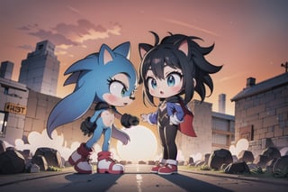 Against the backdrop of the beautiful island of Looney, Monadef and Sonic the Hedgehog stand defiant, their dark silhouettes etched against a orange sky. Sonic the Hedgehog stands by her side, his blue spikes and red shoes a vivid splash against the dull gray stone. Every detail of their forms is rendered in stunning 32K UHD, as if they might step out of the frame at any moment.