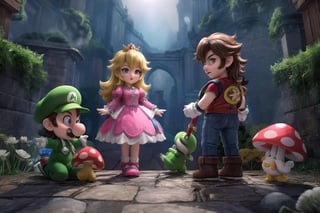 Wriothesley's Mario and Neuvillette's Luigi stand heroically back-to-back, (masterpiece), best quality, HDR, 32k UHD, Ultra realistic, highres, highly detailed, ultra_hd, high resolution, ultra_detailed, hyper realistic, extemely detailed background, detailed_background, complex_background, depth_of_field, extremely detailed and complex, outdoor, creating an atmosphere in (Mushroom Kingdom), creating an atmosphere at (Mushroom Kingdom), show me yourself with your friends (Daisy), (Yoshi), (Toad), (Princess Peach),