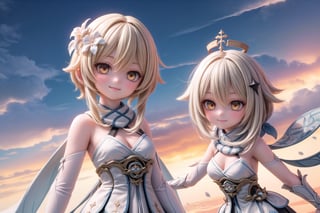 A majestic shot of Lumine and Paimon standing together on a cloud-soft precipice within the breathtaking Celestia, set against a vibrant blue sky of Genshin Impact. The duo's whimsical poses and smiling faces radiate warmth as they gaze out at the endless expanse of clouds, with the sun casting a gentle glow upon their joyful moment.