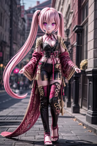 full_body of KukiS, 1girl, solo_female, 23 years old girl, blurry_background, Kuki Style, very long hair, pink eyes, low-tied long hair, pink hair, red hair, multicolor_hair, twintails, medium breasts,