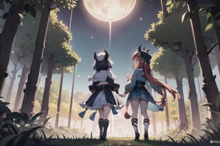 In this hauntingly beautiful scene, little Yunjindef and Niloudef, two 12-year-old girls, stand united in the dark epic forest, where the whispers of werewolves echo through the trees. The faint luminescence emanating from their hands casts an otherworldly glow on their determined faces. The somber moon hangs low, its long shadow stretching across the landscape as the girls hesitate at the threshold of adventure and danger. Treasure lies hidden amidst the lurking shadows, waiting to be uncovered by these brave young explorers.