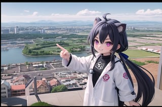 Vibrant pink and blue hues dominate the frame as Little Hotafodef and Little Clorinde, dressed in matching lab coats, pose like Pinky and the Brain. Pinky's (Hotafodef) goofy grin stretches across her face, while Brain's (Clorinde) eyes gleam with genius-level intensity. A cityscape background fades into the distance, with a giant globe and scientific instruments scattered about. The dynamic duo's paws grasp a miniature world map, as if plotting their next diabolical scheme.
