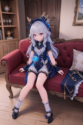 (full body view of Furina_Impact), indoors, sitting on couch, HDR, 32k UHD, insane detailed,