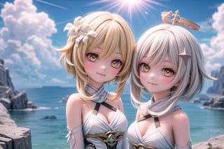 A majestic shot of Lumine and Paimon standing together on a cloud-soft precipice within the breathtaking Celestia, set against a vibrant blue sky of Genshin Impact. The duo's whimsical poses and smiling faces radiate warmth as they gaze out at the endless expanse of clouds, with the sun casting a gentle glow upon their joyful moment.