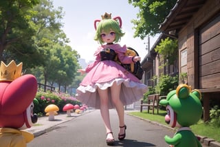 little kukishinobudef, little (full body view of lora:kukishinobu2-000014:1), (masterpiece), best quality, HDR, 32k UHD, Ultra realistic, highres, highly detailed, ultra_hd, high resolution, ultra_detailed, hyper realistic, extemely detailed background, detailed_background, complex_background, depth_of_field, extremely detailed and complex, outdoor, little (Princess Peach), show yourself as (Princess Peach), show me your (Princess Peach) costume, creating an atmosphere in (Mushroom Kingdom), creating an atmosphere at (Mushroom Kingdom), show me yourself with your friends  (Mario), (Luigi), (Daisy), (Yoshi), (Toad), (Amy Rose), (Blaze the Cat),