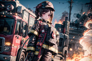 chiori, the fire chief, stands next to her fire engine in full firefighter uniform: helmet, coat, trousers and gloves. In her right hand she holds a fire hose, the camera captures her in full size, with the fire truck in the background, casting a warm light on her determined face. show yourself to me in full firefighter uniform