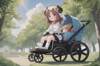 whimsical scene: Little (full body view of Niloudef) rides through the lush landscape of Teyvat in a state-of-the-art Formula 1-style high-speed stroller powered by a Formula 1 engine, putting on a mischievous expression. The warm sunlight casts a golden glow on her cheeky pose and grin as she drives past the viewer. A cloud of dust trails behind her, emphasizing the speed of the fast baby carriage. Framed by bright shades of green and blue, Niloudef's carefree joy radiates from the frame.