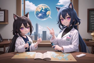 Vibrant pink and blue hues dominate the frame as Little Hotafodef and Little Clorinde, dressed in matching lab coats, pose like Pinky and the Brain. Pinky's (Hotafodef) goofy grin stretches across her face, while Brain's (Clorinde) eyes gleam with genius-level intensity. A cityscape background fades into the distance, with a giant globe and scientific instruments scattered about. The dynamic duo's paws grasp a miniature world map, as if plotting their next diabolical scheme.