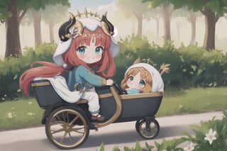 whimsical scene: Little (full body view of Niloudef) rides through the lush landscape of Teyvat in a state-of-the-art Formula 1-style high-speed stroller powered by a Formula 1 engine, putting on a mischievous expression. The warm sunlight casts a golden glow on her cheeky pose and grin as she drives past the viewer. A cloud of dust trails behind her, emphasizing the speed of the fast baby carriage. Framed by bright shades of green and blue, Niloudef's carefree joy radiates from the frame.