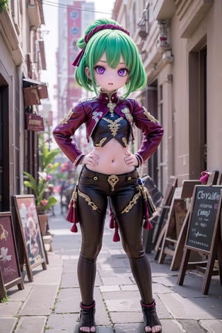 (full body view of KukiS), purple eyes, green hair, 1girl, solo_female, HDR, 32k UHD, insane detailed, 23 years old woman, blurry_background, stomach,