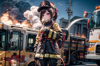 chiori, the fire chief, stands next to her fire engine in full firefighter uniform: helmet, coat, trousers and gloves. In her right hand she holds a fire hose, the camera captures her in full size, with the fire truck in the background, casting a warm light on her determined face. show yourself to me in full firefighter uniform