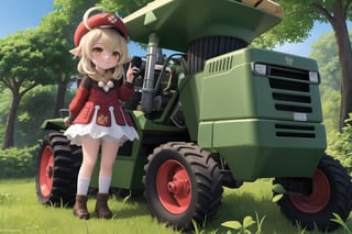 In a whimsical tableau, Klee, with a mischievous smile, takes the controls of an ultra-fast high-tech tractor amidst the lush foliage of Teyvat, its path marked by a trail of destruction. The low angle of the camera emphasizes the tractor's robust construction and Klee's petite stature. Soft, golden light illuminates the juxtaposition between the industrial behemoth and Klee's disheveled exterior, which brings out her scrappy spirit to the fullest.