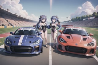 Keqingdef and layladef standing together, arms stretched out to either side, on the starting grid of a bustling race track. The bright sunlight casts long shadows behind them as they gaze out at the sleek racing cars, their faces filled with excitement and anticipation. The finish line's chequered flags serve as a vibrant backdrop, echoing the energy and thrill of the upcoming race.