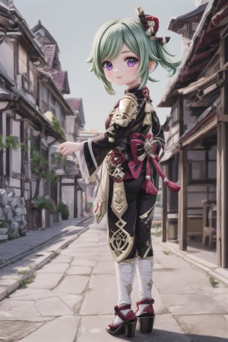 1girl, solo_female, purple eyes, green hair, Kuki Style, full body view, is located in Mondstadt, the City in Genshin Impact, cheeky and sweet, (masterpiece), best quality, HDR, 32k UHD, Ultra realistic, highres, highly detailed, ultra_hd, high resolution, ultra_detailed, hyper realistic, extemely detailed background, detailed_background, complex_background, depth_of_field, extremely detailed and complex,Kuki,KukiS