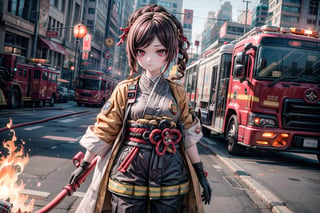 chiori, the fire chief, stands next to her fire engine in full firefighter uniform: helmet, coat, trousers and gloves. In her right hand she holds a fire hose, the camera captures her in full size, with the fire truck in the background, casting a warm light on her determined face. show yourself to me in full firefighter uniform