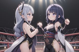 Raidenshogundef and Shenhedef stand nose-to-nose, faces lit by the warm glow of spotlights, their determined expressions illuminated as they face off in a dimly lit arena. The air is electric with tension as intense music pulses through the background. Fists clenched, eyes locked in a fierce stare-down, the two wrestlers pose in powerful stances, their bodies coiled like springs ready to unleash a storm of punches and kicks.