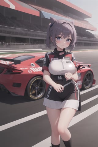 keqingdef, (masterpiece), best quality, HDR, ultra_hd, high resolution, highly detailed, detailed background, perfect lighting, perfect shadows, cute, 8k, depth_of_field, gorgeous light and shadow, ruby eyes, race pilot, car racing, race track, drive a racing car,