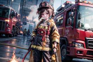 chiori, the fire chief, stands next to her fire engine in full firefighter uniform: helmet, coat, trousers and gloves. In her right hand she holds a fire hose, the camera captures her in full size, with the fire truck in the background, casting a warm light on her determined face. show yourself to me in full firefighter uniform