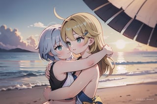 Furina and Kiraragenshin, two sisters embracing on a sun-kissed beach, their skin glowing with a warm sandy sheen. Soft focus captures tender intimacy as golden light casts a warm glow on the pair. Majestic beach stretches behind them, waves gently lapping at shore. Brilliant blue sky above with wispy clouds drifting lazily, Furina's hair blowing softly in gentle breeze.