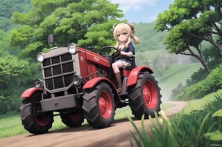 In a whimsical tableau, Klee, with a mischievous smile, takes the controls of an ultra-fast high-tech tractor amidst the lush foliage of Teyvat, its path marked by a trail of destruction. The low angle of the camera emphasizes the tractor's robust construction and Klee's petite stature. Soft, golden light illuminates the juxtaposition between the industrial behemoth and Klee's disheveled exterior, which brings out her scrappy spirit to the fullest.