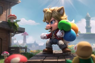 Wriothesley's Mario and Neuvillette's Luigi stand heroically back-to-back, (masterpiece), best quality, HDR, 32k UHD, Ultra realistic, highres, highly detailed, ultra_hd, high resolution, ultra_detailed, hyper realistic, extemely detailed background, detailed_background, complex_background, depth_of_field, extremely detailed and complex, outdoor, creating an atmosphere in (Mushroom Kingdom), creating an atmosphere at (Mushroom Kingdom), show me yourself with your friends (Daisy), (Yoshi), (Toad), (Princess Peach),