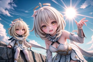 A majestic shot of Lumine and Paimon standing together on a cloud-soft precipice within the breathtaking Celestia, set against a vibrant blue sky of Genshin Impact. The duo's whimsical poses and smiling faces radiate warmth as they gaze out at the endless expanse of clouds, with the sun casting a gentle glow upon their joyful moment.