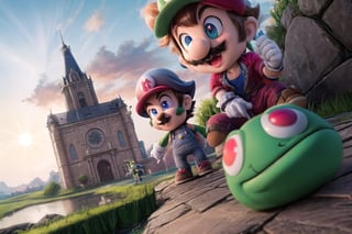 Wriothesley's Mario and Neuvillette's Luigi stand heroically back-to-back, (masterpiece), best quality, HDR, 32k UHD, Ultra realistic, highres, highly detailed, ultra_hd, high resolution, ultra_detailed, hyper realistic, extemely detailed background, detailed_background, complex_background, depth_of_field, extremely detailed and complex, outdoor, creating an atmosphere in (Mushroom Kingdom), creating an atmosphere at (Mushroom Kingdom), show me yourself with your friends (Daisy), (Yoshi), (Toad), (Princess Peach),