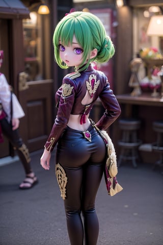 (full body view of KukiS), purple eyes, green hair, 1girl, solo_female, 23 years old girl, blurry_background, stomach, show me your back,