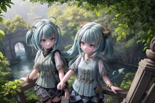 In Sumeru's golden hour, FARUZANRND and Yaoyaodef sister duo forges through dense jungle underbrush, amidst lush foliage and vibrant flora. Warm sunlight filters through canopy above, casting long shadows across tangled greenery as they navigate in dynamic pose, determination etched on their faces. Ancient ruins and hidden temples peek from detailed background, while colorful birds observe with caution. Stealthy predators lurk nearby, awaiting sisters' next move driven by insatiable curiosity and unwavering resolve. Crocodiles lurk in the river beside them, as they trek further into the treacherous terrain, their bond unbroken.