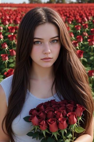  beautiful red roses and an explosion of red rose petals, creating a stunning scene that captures the essence of the celebration. a beautiful cute young attractive aussie teenage girl, village girl, 18 years old, cute, Instagram model, long brunette hair, big eyes,