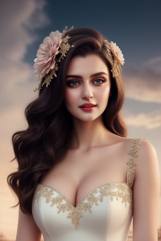 ((masterpiece)), ((best quality)), ((illustration)), extremely detailed,style girl, long shot, small breast,light white very_long_hair, hair ornaments, beautiful detailed deep brown eyes beautiful detailed sky, beautifuldetailed cinematic lighting, wearing  beautiful detailed long baby pink gown with artificial flower work on gown