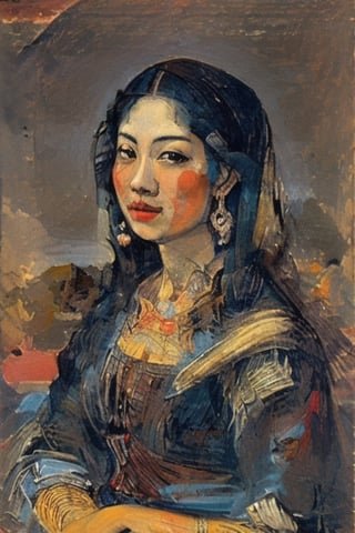 an asian japanese woman, 

in Titian style, 

keywords: sks style ,EpicArt,geometric