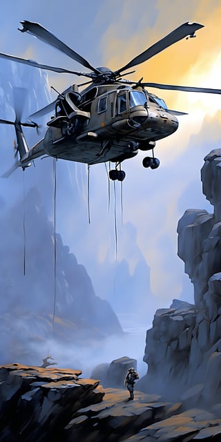Create an imaginative and photorealistic oil painting characterized by ultra-detailed line work. Create a photorealistic painting of a military helicopter hovering in a misty mountain landscape. The overall effect is a blend of Surrealism and Realism, creating a rich, immersive setting that complements the extremely sharp focus on the helicopter in the foreground. BREAK This helicopter, weathered by years of use and harsh environmental conditions, stands as a testament to endurance and resilience. BREAK The scene should feature an over-sharpened focus on the helicopter, highlighting the intricate details of its structure, the worn paint, and the mechanical elements with exaggerated clarity and detail. BREAK The lighting should come from a soft, diffused sky, casting a gentle, ambient light that creates a serene and ethereal effect over the scene. BREAK In stark contrast, the background should also be in extreme sharp focus, featuring rugged cliffs, swirling mist, and rocky outcrops with detailed textures, creating a juxtaposition of the high-tech helicopter against the natural, rugged environment. BREAK The atmosphere should be calm and otherworldly, with all elements rendered in precise, hyper-detailed realism. BREAK The colors in the background should include shades of cool blues, grays, and muted browns with dramatic contrasts, featuring subtle warm highlights from the lighting, blending seamlessly with the metallic and camouflaged hues of the helicopter. Use this blend of cool and warm colors to emphasize the serene yet rugged nature of the scene. BREAK The overall scene should evoke a sense of awe and contemplation, capturing the raw power and unyielding determination of the helicopter amidst a misty mountain landscape, with every detail intentionally over-sharpened to enhance the sense of depth and realism.