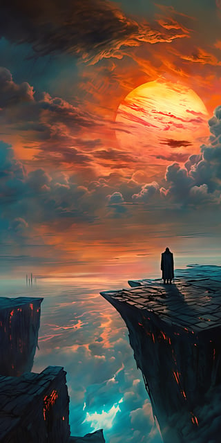 "The image captures the surreal and dystopian beauty of a sunset skyscape, creating a cohesive theme focused on the eerie and majestic atmosphere of the scene. The dramatic and otherworldly sky is the primary focus, with meticulous attention to its form and texture, highlighting the unsettling and ethereal qualities of the environment. The powerful skyscape enhances the narrative of an otherworldly and unsettling reality. The image employs a vivid, yet muted color palette dominated by unusual and haunting hues, typical of dystopian scenes, which sets a specific and unsettling time of day, adding a sense of drama and surreal beauty. There is a strong contrast between the vibrant, eerie hues of the sunset and the shadowed, indistinct forms below, adding depth and highlighting the textures of the skyscape. The use of light from the setting sun casts a surreal glow over the scene, creating a haunting yet powerful atmosphere, and the interplay of light and shadow enhances the textures and forms, giving the image a three-dimensional quality. Using strong contrasts between light and dark, or chiaroscuro, adds a dramatic effect and emphasizes the surreal and dystopian nature of the scene. The intricate details and imaginative portrayal of the skyscape reflect a hyperrealistic style, with the artist’s skill in rendering textures, such as the swirling clouds and ethereal light, being particularly noteworthy. The composition is dynamic, with sweeping lines and flowing forms leading the viewer’s eye through the image. The portrayal of the dystopian skyscape evokes feelings of unease and wonder, with the dramatic lighting and composition adding to the sense of grandeur and otherworldliness. The hazy, diffused lighting and the almost apocalyptic atmosphere create an ethereal and unsettling mood, suggesting both beauty and desolation. The consistent theme of a surreal and dystopian skyscape suggests a deep exploration of imaginative and otherworldly realities, with the image intent on capturing the essence of beauty and unease in a surreal environment. By emphasizing the eerie and surreal appearance of the skyscape, the image conveys a narrative of otherworldly beauty and dystopian reality, highlighting the strange and unsettling aspects of nature. The use of clean, sweeping lines in the depiction of the sky creates a sense of clarity and precision, while the detailed rendering of textures, from the swirling clouds to the ethereal light, adds a tactile quality to the image. The background transitions into more abstract, painterly environments with indistinct forms and shapes, emphasizing mood and atmosphere over detailed realism. The selective focus on the surreal skyscape, with the background rendered in a looser style, creates a strong focal point and enhances the overall impact of the image. The image emphasizes the themes of surreal beauty, dystopian reality, and the majestic power of the skyscape, evoking a powerful narrative through its detailed and dynamic depictions of an otherworldly sunset scene."