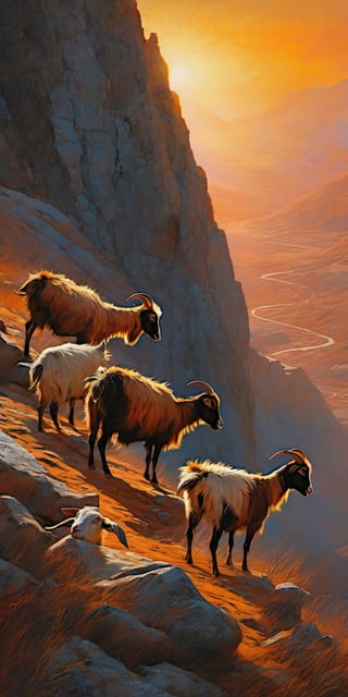 "The image captures the rugged beauty and resilience of mountain goats in a high-altitude environment. It depicts mountain goats in a rugged, high-altitude landscape during sunset, creating a cohesive theme focused on the resilience and majesty of the animals. The goats are the primary focus in the image, with meticulous attention to their form, posture, and expression, with the intention to highlight the strength and endurance of the mountain goats. The rocky terrain and dramatic cliffs provide a powerful backdrop, enhancing the narrative of survival and adaptation in a harsh environment. The image employs a warm, vibrant color palette dominated by golden and orange tones, typical of sunset scenes, which sets a specific time of day and adds a sense of drama and beauty. There is a strong contrast between the warm hues of the sunset and the cool, shadowed areas of the rocks, adding depth and highlighting the textures of both the landscape and the goats. The use of light from the setting sun casts a golden glow over the scenes, creating a serene yet powerful atmosphere, and the interplay of light and shadow enhances the textures and forms, giving the image a three-dimensional quality. Using strong contrasts between light and dark, or chiaroscuro, adds a dramatic effect and emphasizes the ruggedness of the terrain. The intricate details and realistic portrayal of the goats and landscape reflect a hyperrealistic style, using skill in rendering textures, such as the roughness of the rocks and the fur of the goats, being particularly noteworthy. The compositions are dynamic, with diagonal lines created by the cliffs and the positioning of the goats leading the viewer’s eye through the image. The portrayal of the mountain goats in a challenging environment evokes feelings of admiration for their resilience and strength, with the dramatic lighting and composition adding to the sense of grandeur and majesty. The hazy, diffused lighting and the rugged, almost desolate landscape creates an ethereal and somewhat dystopian atmosphere, suggesting both beauty and harshness. The consistent theme of mountain goats and a rugged landscape suggests a deep appreciation for nature and wildlife, with the image intent on capturing the essence of survival and beauty in a harsh environment. By emphasizing the battle-worn and gritty appearance of the goats, the image conveys a narrative of survival and endurance, highlighting the harsh realities of nature. The use of clean, sharp lines in the depiction of the cliffs and the form of the goats creates a sense of clarity and precision, while the detailed rendering of textures, from the rocky surfaces to the fur of the goats, adds a tactile quality to the paintings. The background transitions into more abstract, painterly environments with indistinct forms and shapes, emphasizing mood and atmosphere over detailed realism. The selective focus on the mountain goats, with the backgrounds rendered in a looser style, creates a strong focal point and enhances the overall impact of the image. The image emphasizes the theme of survival, strength, and the majesty of nature, evoking a powerful narrative through its detailed and dynamic depictions of mountain goats in their natural, rugged environments."